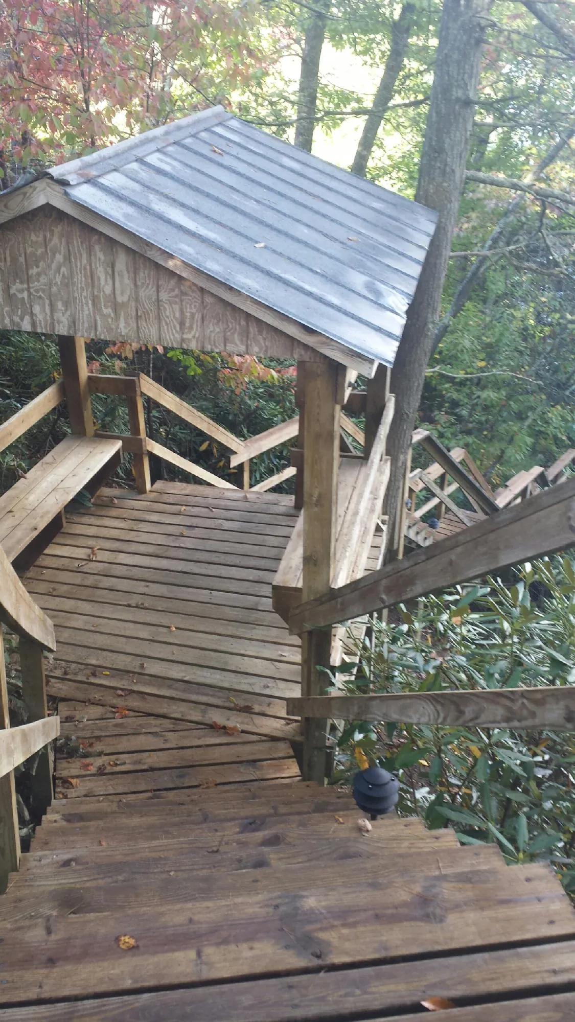 Metal roofed shelter over wooden steps on a wooded walkway — Skylight Repair & Installation work by our crew in Burgoon